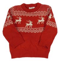 Červený sveter so sobmi a norským vzorom H&M