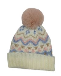 Bílo-modro-růžová vzorovaná čepice s bambulí