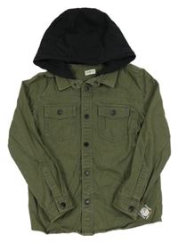 Kaki-čierna košeľová rifľová bunda s teplákovou kapucňou Fishbone