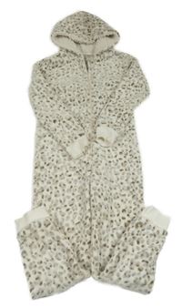 Béžovo-hnedá plyšová kombinéza s leopardím vzorom a kapucňou Peacocks