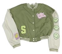 Khaki-smetanová crop baseballová mikina s nápisy a smajlíky H&M