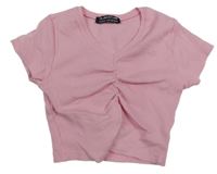 Světlerůžové žebrované crop tričko s nařasením Select 