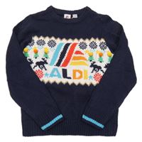 Tmavomodro-bielo-farebný sveter s bambulemi - Aldi