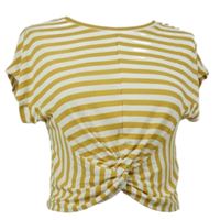 Dámské okrovo-bílé pruhované žebrované crop tričko s řasením Primark 