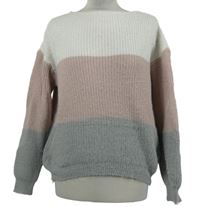 Dámsky bielo-ružovo-sivý pruhovaný chlpatý sveter