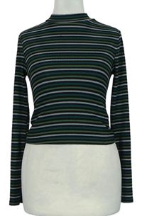Dámske čierno-zeleno-sivé prúžkované rebrované crop tričko Primark