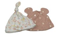 2x bavlněná čepice biela s květičkami+ růžová bodkovaná  s Minnie