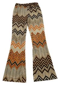 Béžovo-hnědo-oranžové vzorované plyšové flare kalhoty