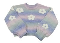 Modro-ružovo-zelený crop sveter s kvietkami