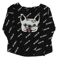 Čierne crop tričko s pejskem z překlápěcích flitrů a nápismi Page one young