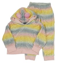 2set - Růžovo-modro-žlutá plyšová třpytivá mikina s kapucí a bambulemi + tepláky 