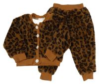 2set - Hnědá leopardí chlupatá propínací mikina + tepláky