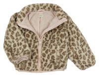 Béžovo-hnedá chlpatá podšitá bunda s leopardím vzorom a kapucňou F&F