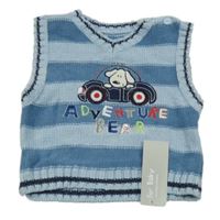 Nové - modro-svetlomodrá pruhovaná pletená vesta s autom a psíkom a nápismi St. Bernard