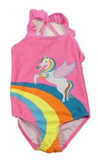 Neonově růžové jednodílné plavky s jednorožcem a duhou 