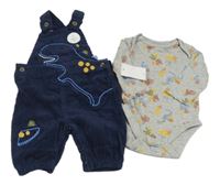 Nové - tmavomodré manšestové na traké kalhoty + sivé body Mothercare