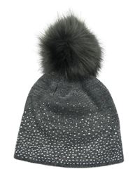 Šedo-stříbrná pletená čepice s kamínky a bambulí 