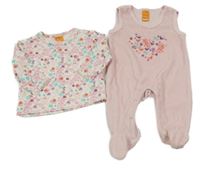 2set - Světlerůžové sametové dupačky s kytičkami + bílé triko Pusblu