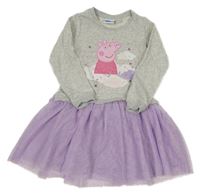 Šedo-levandulové teplákovo/tylové šaty s Peppa Pig a třpytivými puntíky
