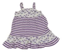 Fialovo-biele pruhované bavlnené šaty s motýly