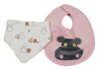 2set - Světlerůžový froté bryndák s hrochem + bílý slinták se zvířátky 