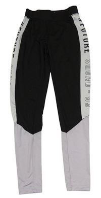 Černo-bílo-světlefialové funkční sportovní legíny s nápisy ERGEENOMIXX