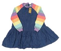 Nové - modré rifľové šaty s farebnymi pruhovanymi teplákovymi rukávy zn. Next