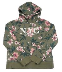Khaki mikina s kvetmi a písmenky a vreckom a kapucňou H&M