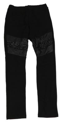 Čierne tregínové nohavice s koženkou a trblietavým pruhom Civil