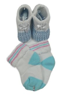 Nové - 2Set - Modro-bílé pletené bačkory s mašličkou + bílo/azurové teplé ponožky s pruhy