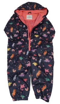 Tmavomodrá šušťáková jarná kombinéza s dinosaurami a duhami a kvietkami a kapucňou George