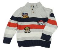 Šedo-tmavomodro-červeno-bílý melírovaný svetr s PAW PATROL a pruhy C&A