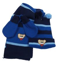 Nové -  3Set - Modro-tmavomodro-světlemodrá čepice s medvídkem a bambulkami + šála + rukavice 