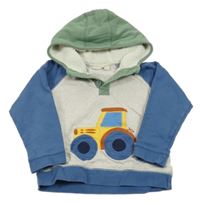 Světlešedo-tmavomodro-khaki mikina s traktorom a kapucňou Jojo Maman Bébé