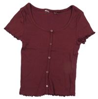 Mahagonové žebrované crop tričko s knoflíky H&M