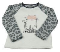 Bílo-šedá chlupatá pyžamová mikina s kočkou Primark