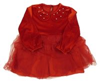 Červené sametovo/tylové šaty s golierikom s perlami