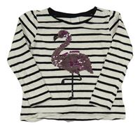 Bílo-černé pruhované triko s plameňákem z překlápěcích flitrů C&A