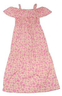 Meruňkovo-ružové kvetované ľahké maxi šaty s volánikom zn. Pep&Co