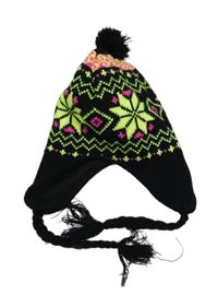 Černo-neonová vzorovaná pletená podšitá čepice s bambulí 