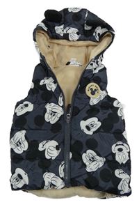 Tmavosivá šušťáková prešívaná zateplená vesta s Mickeym a kapucňou Disney