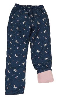 Tmavomodré šusťákové zateplené kalhoty s jednorožci 