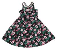 Černo-růžové květované šaty s nápisem C&A