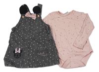2 set - šedé riflové laclové šaty s Minnie + světlerůžové květované body Disney