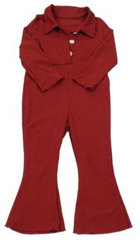 Červený žebrovaný flare overal s límečkem Shein