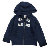 Tmavomodrá propínací mikina s nápisy a kapucí 