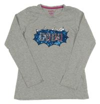 Sivé tričko s nápisem z flitrů Tchibo