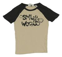 Béžovo-antracitové rebrované crop tričko s nápisom H&M