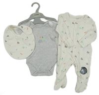 Nové - 3set - Šedé body se stanem + smetanový overal s obrázky + bryndák s obrázky M&S