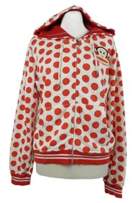Dámská bílo-červená puntíkovaná propínací mikina s opicí a kapucí Paul Frank 